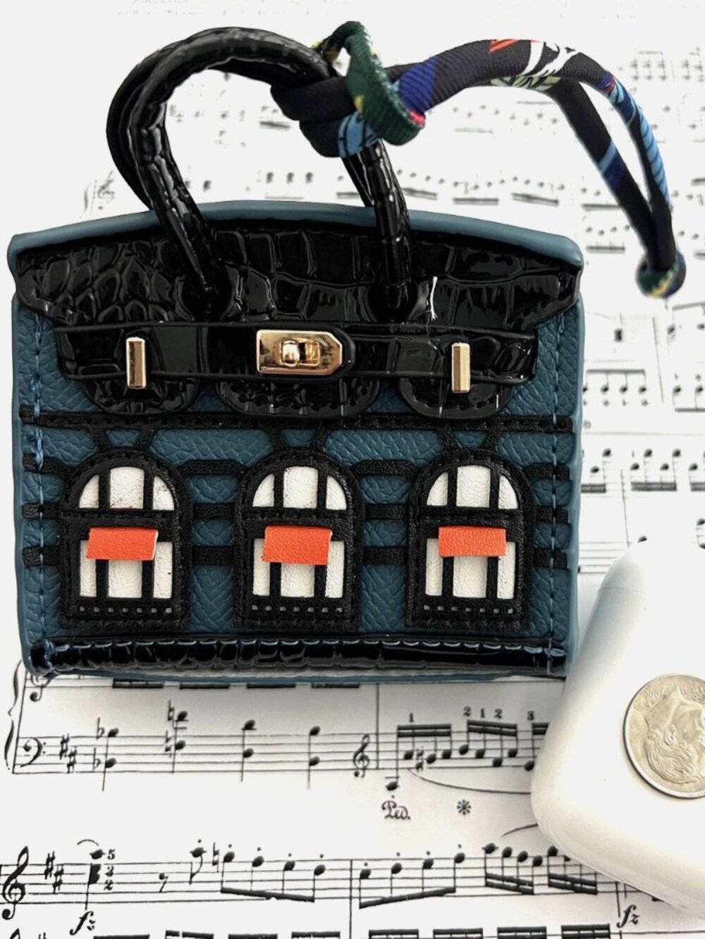 Rare-Handnade AirPods Case Midnight blue Luxury Purse Earphone Pouch w Strap